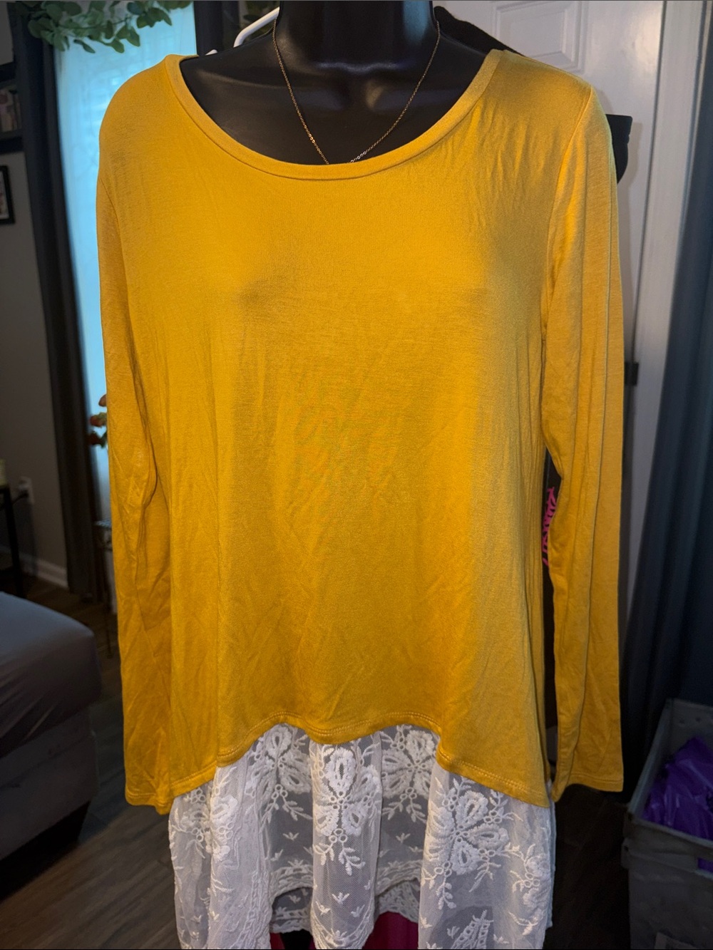 Me & U Women’s Long Sleeve Layered Hem Top - Mustard medium can fit a L